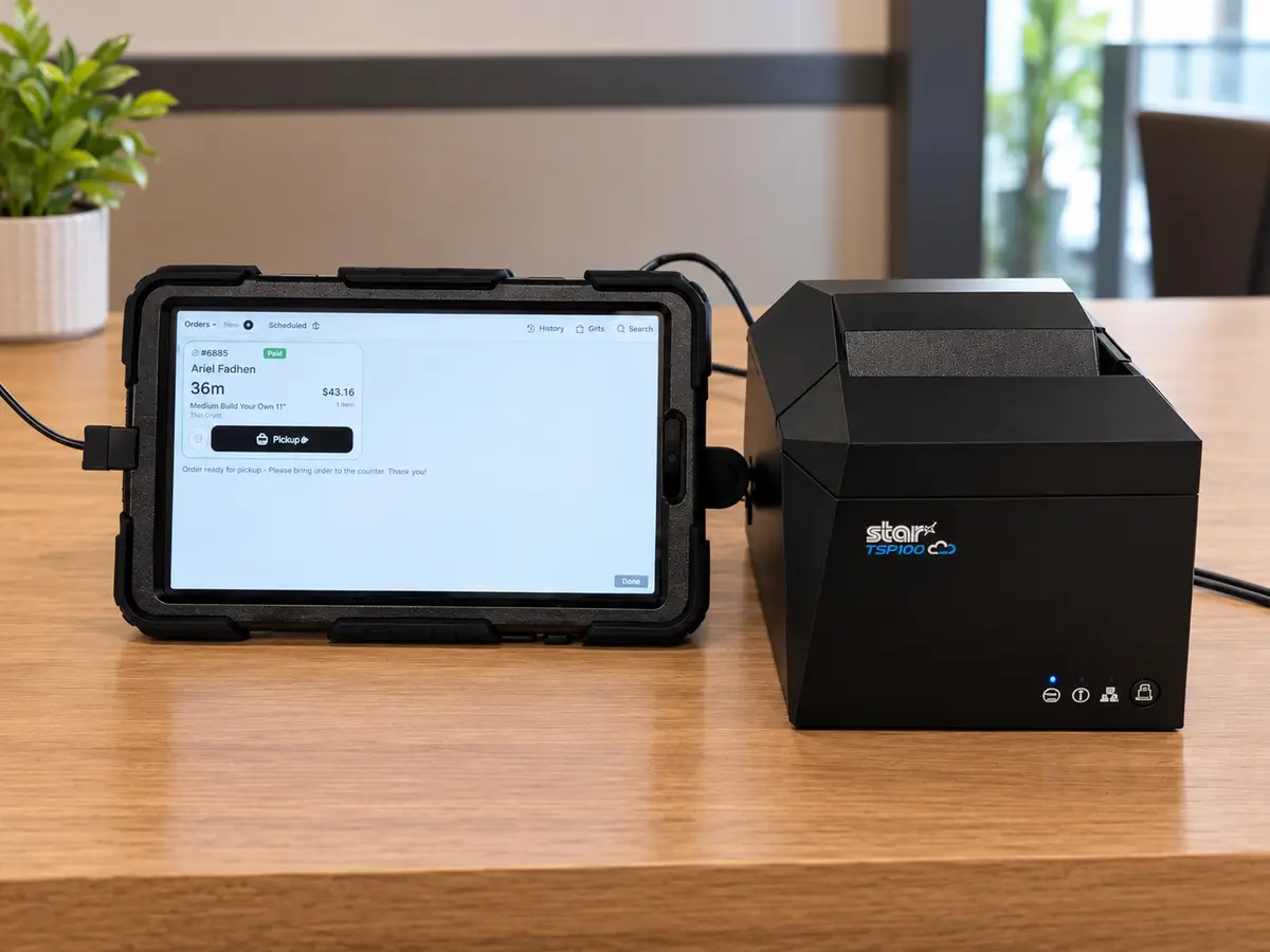 An order tablet showing a paid pickup order, next to a receipt printer on a counter.