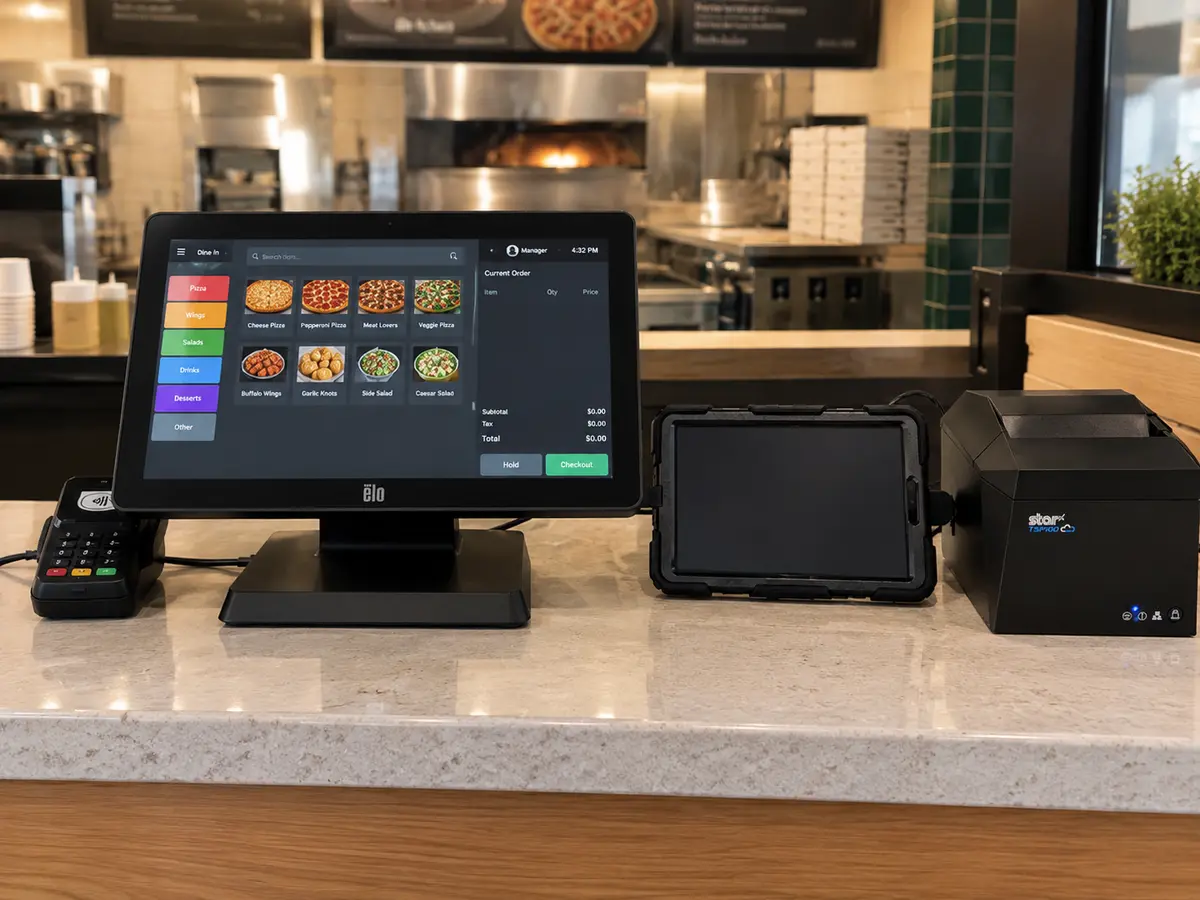 A restaurant counter with a point of sale terminal and card reader beside the order tablet and receipt printer.